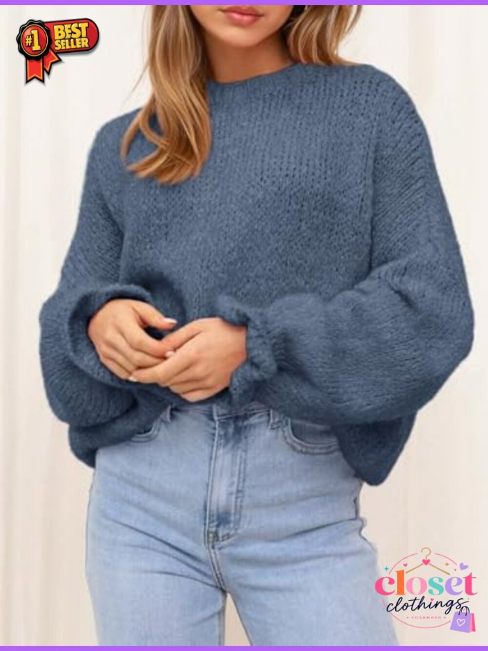 Oversized Chunky Knit Sweater Crew Neck Lantern Sleeve Ruffle Cuff - Picture 4 of 6